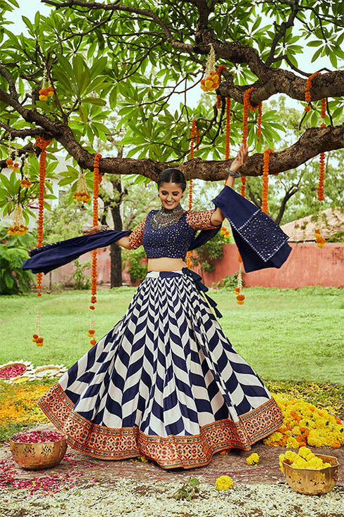 Shubhkala White & Navy Maslin Cotton Digital Printed Navratri Lehenga